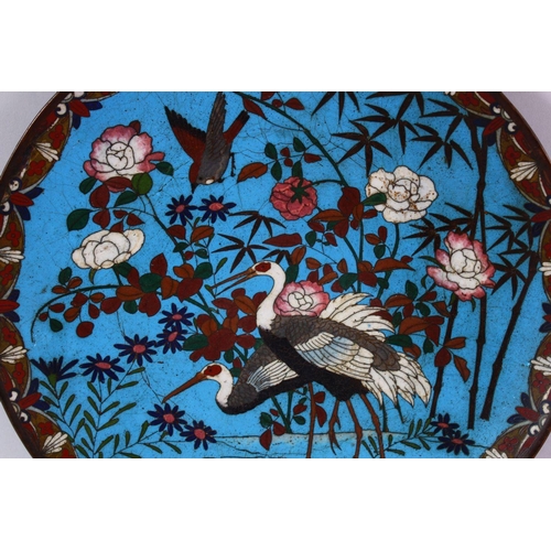 94 - A JAPANESE MEIJI PERIOD CLOISONNE DISH, decorated with scenes of craned in water amongst bamboo, 30.... 