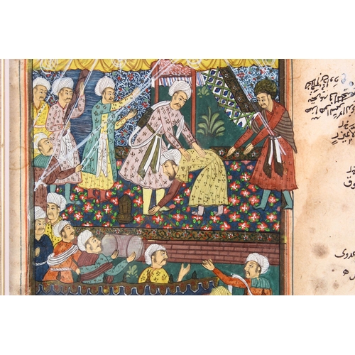 823 - A GOOD 18TH / 19TH CENTURY FRAMED INDIAN MINIATURE MUGHAL PAINTING, depicting figures interior with ... 