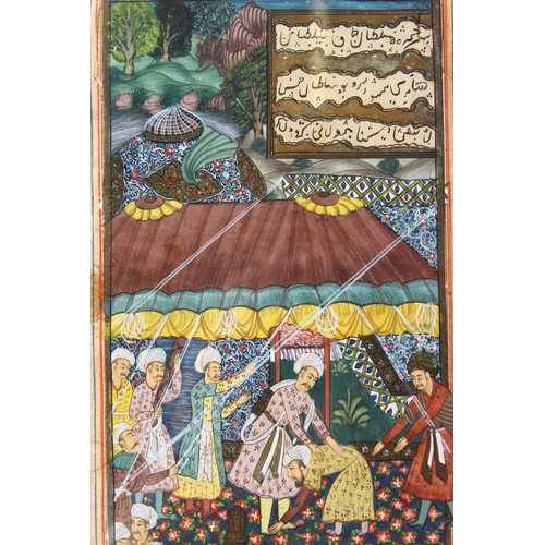 823 - A GOOD 18TH / 19TH CENTURY FRAMED INDIAN MINIATURE MUGHAL PAINTING, depicting figures interior with ... 