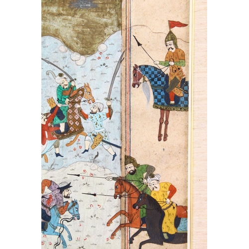 824 - A GOOD 18TH / 19TH CENTURY FRAMED INDIAN MINIATURE MUGHAL PAINTING, depicting figures upon horseback... 