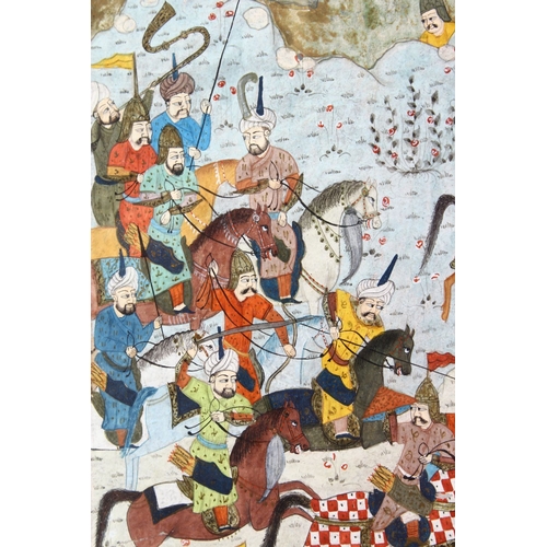 824 - A GOOD 18TH / 19TH CENTURY FRAMED INDIAN MINIATURE MUGHAL PAINTING, depicting figures upon horseback... 