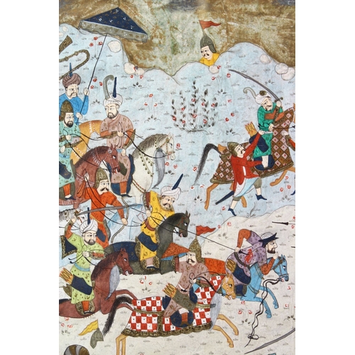 824 - A GOOD 18TH / 19TH CENTURY FRAMED INDIAN MINIATURE MUGHAL PAINTING, depicting figures upon horseback... 