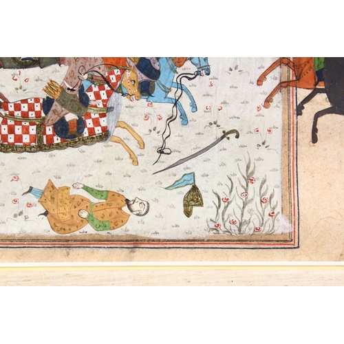 824 - A GOOD 18TH / 19TH CENTURY FRAMED INDIAN MINIATURE MUGHAL PAINTING, depicting figures upon horseback... 