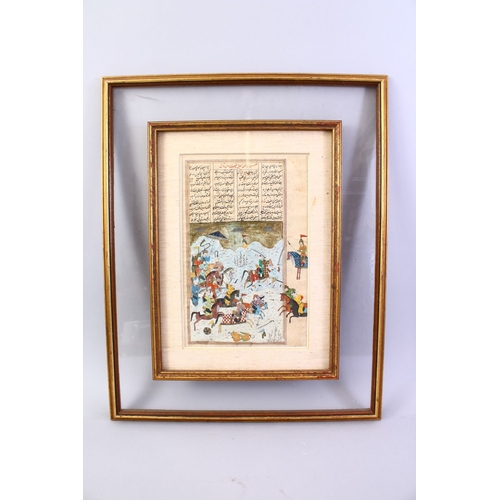 824 - A GOOD 18TH / 19TH CENTURY FRAMED INDIAN MINIATURE MUGHAL PAINTING, depicting figures upon horseback... 