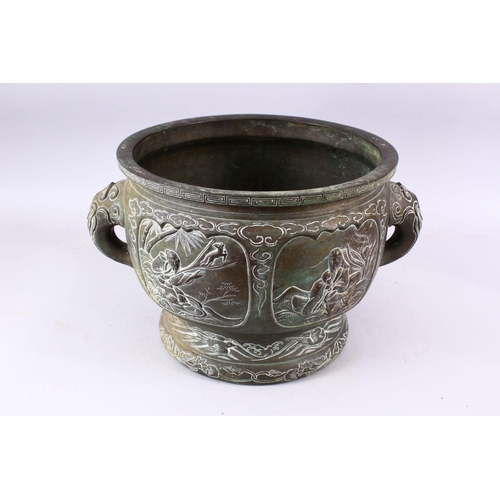 109 - A 19TH CENTURY CHINESE BRONZE IMMORTAL TWIN HANDLED CENSER, with carved panel decoration depicting i... 