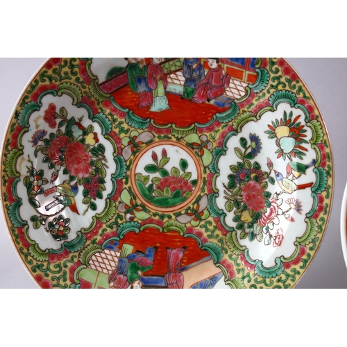 112 - THREE CHINESE FAMILLE ROSE CANTON PORCELAIN PLATES, each decorated with varying scenes, of figures i... 