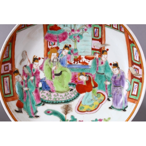 112 - THREE CHINESE FAMILLE ROSE CANTON PORCELAIN PLATES, each decorated with varying scenes, of figures i... 