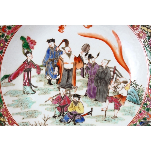 112 - THREE CHINESE FAMILLE ROSE CANTON PORCELAIN PLATES, each decorated with varying scenes, of figures i... 