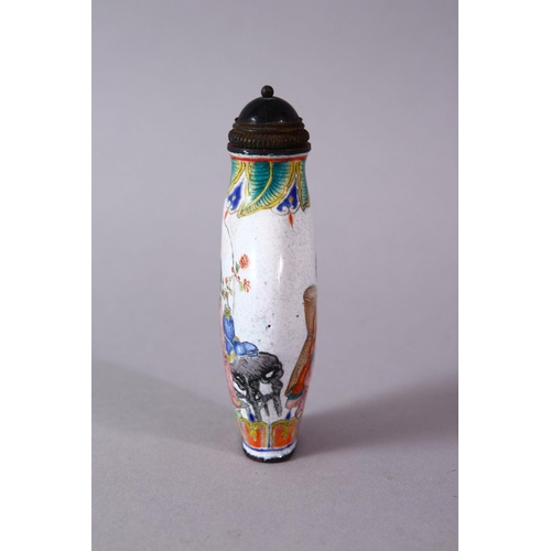 115 - A CHINESE ENAMEL DECORATED SNUFF BOTTLE, the body decorated with scenes of female figures interior, ... 