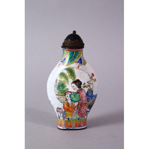 115 - A CHINESE ENAMEL DECORATED SNUFF BOTTLE, the body decorated with scenes of female figures interior, ... 