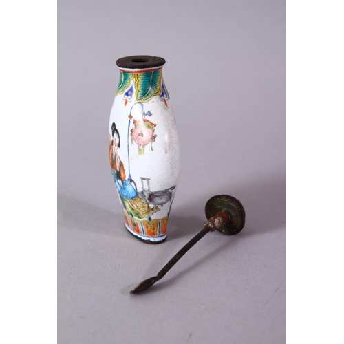 115 - A CHINESE ENAMEL DECORATED SNUFF BOTTLE, the body decorated with scenes of female figures interior, ... 