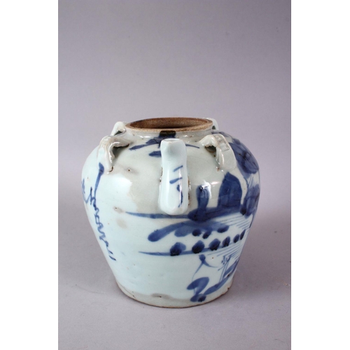 124 - A 19TH/20TH CENTURY CHINESE BLUE AND WHITE TRANSITIONAL STYLE PORCELAIN TEAPOT, decorated with styli... 