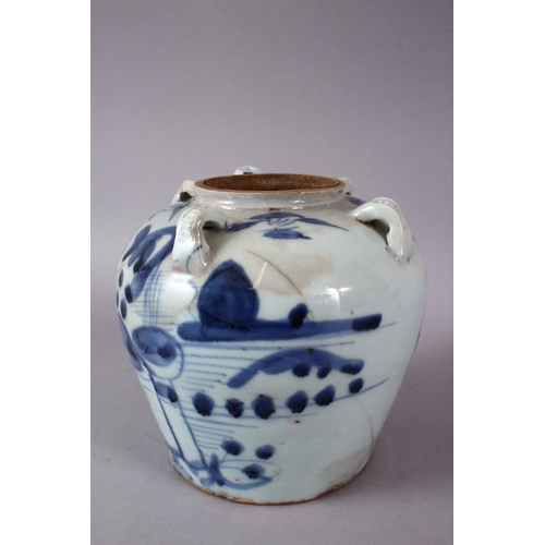 124 - A 19TH/20TH CENTURY CHINESE BLUE AND WHITE TRANSITIONAL STYLE PORCELAIN TEAPOT, decorated with styli... 