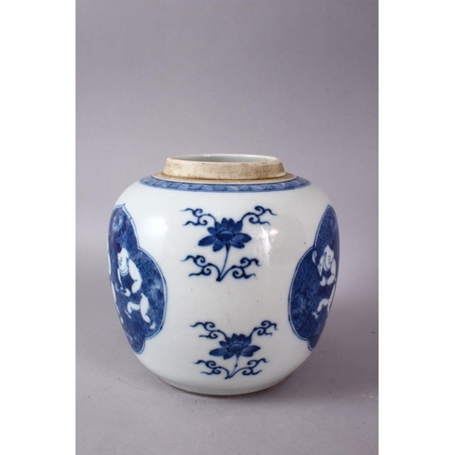 125 - A 20TH CENTURY CHINESE BLUE AND WHITE PORCELAIN GINGER JAR, decorated with panels of boys and flora,... 