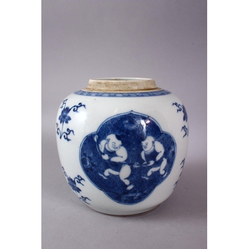 125 - A 20TH CENTURY CHINESE BLUE AND WHITE PORCELAIN GINGER JAR, decorated with panels of boys and flora,... 