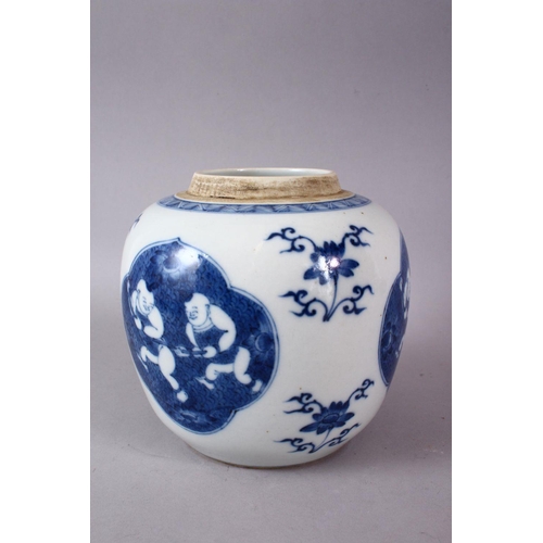 125 - A 20TH CENTURY CHINESE BLUE AND WHITE PORCELAIN GINGER JAR, decorated with panels of boys and flora,... 