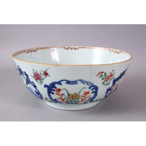 128 - A 18TH CENTURY CHINESE FAMILLE ROSE PORCELAIN BOWL, painted with panels of figures and lotus, 9.5cm ... 