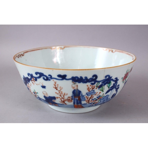 128 - A 18TH CENTURY CHINESE FAMILLE ROSE PORCELAIN BOWL, painted with panels of figures and lotus, 9.5cm ... 