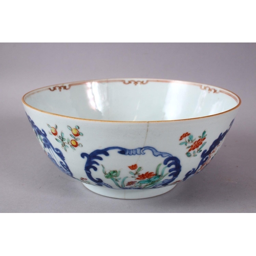 128 - A 18TH CENTURY CHINESE FAMILLE ROSE PORCELAIN BOWL, painted with panels of figures and lotus, 9.5cm ... 