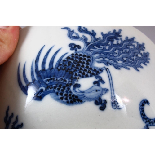 134 - A CHINESE BLUE AND WHITE PORCELAIN BOWL, painted with phoenix and dragons, the base with Kangxi mark... 