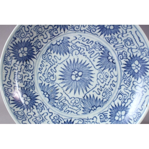 135 - A PAIR OF 19TH CENTURY CHINESE BLUE AND WHITE CIRCULAR DISHES, painted with stylised flowerheads and... 