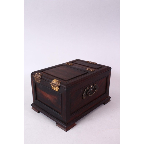 137 - A CHINESE HARDWOOD SMALL DRESSING TABLE BOX, with folding mirror and three small drawers, 17cm deep,... 