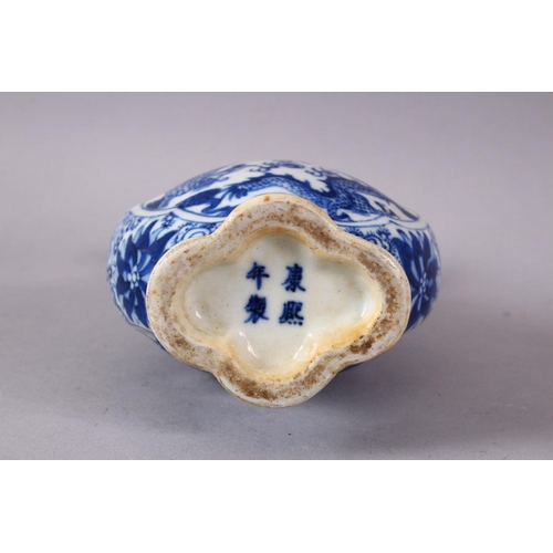 141 - A SMALL CHINESE BLUE AND WHITE PORCELAIN VASE, the neck with moulded animal form handles, the body d... 