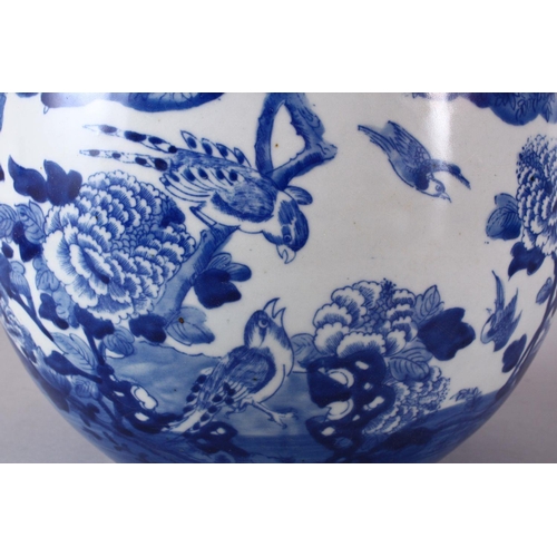 142 - A CHINESE BLUE AND WHITE JARDINIERE, painted with birds amongst native flora, 23cm high, 28cm diamet... 