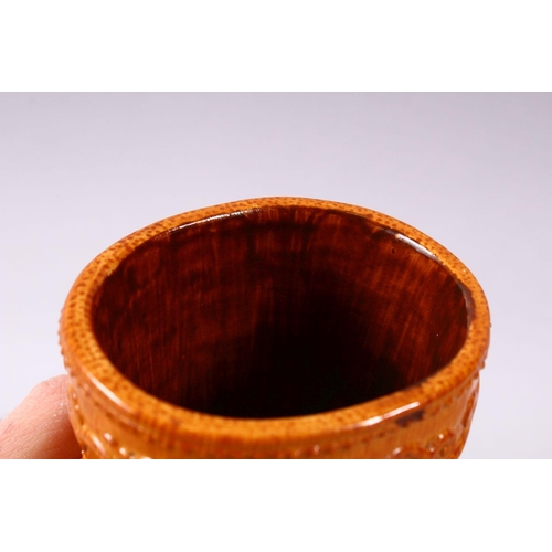 144 - A SMALL UNUSUAL CHINESE SIMULATED BAMBOO MOULDED POTTERY BRUSH POT, decorated with three bands of ph... 