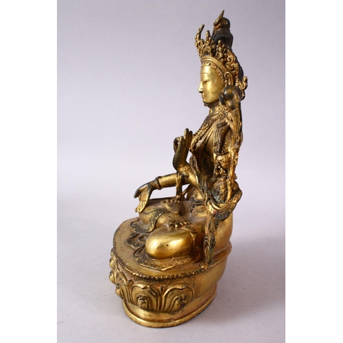 147 - A THAI GILT BRONZE SEATED FEMALE DIETY, 20cm high.