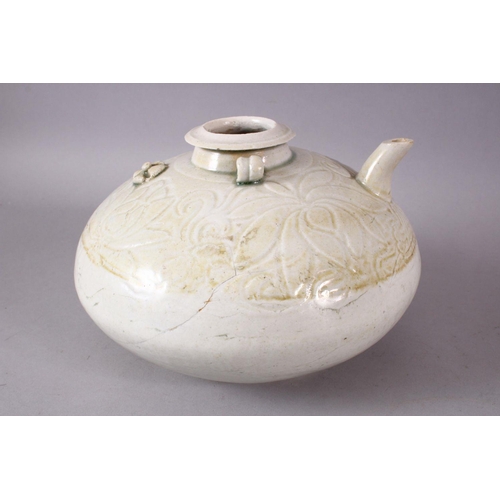 154 - AN EARLY CHINESE POTTERY EWER OF FLATTEN CIRCULAR FORM, upper body incised with lotus flower decorat... 