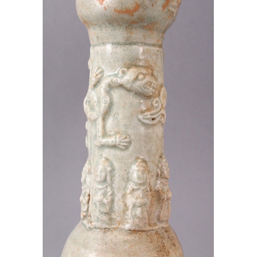 155 - A PAIR OF POSSIBLY HAN DYNASTY TALL 'SOUL' VASES, with bulbous rim, the neck moulded with figures, d... 