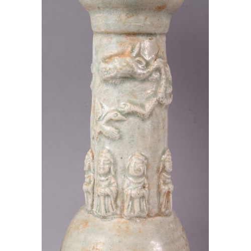 155 - A PAIR OF POSSIBLY HAN DYNASTY TALL 'SOUL' VASES, with bulbous rim, the neck moulded with figures, d... 