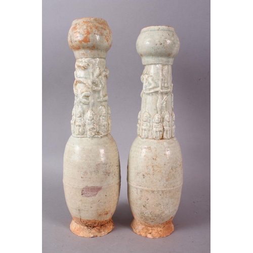 155 - A PAIR OF POSSIBLY HAN DYNASTY TALL 'SOUL' VASES, with bulbous rim, the neck moulded with figures, d... 