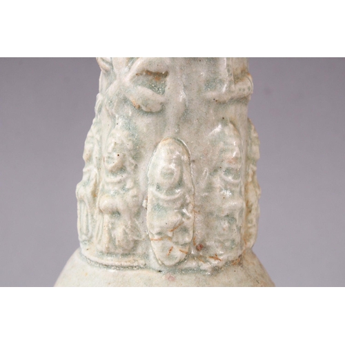 155 - A PAIR OF POSSIBLY HAN DYNASTY TALL 'SOUL' VASES, with bulbous rim, the neck moulded with figures, d... 