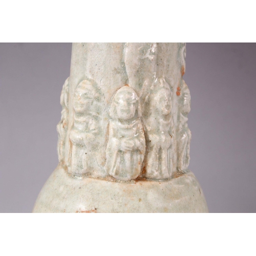 155 - A PAIR OF POSSIBLY HAN DYNASTY TALL 'SOUL' VASES, with bulbous rim, the neck moulded with figures, d... 