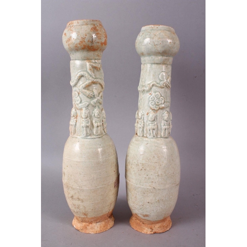 155 - A PAIR OF POSSIBLY HAN DYNASTY TALL 'SOUL' VASES, with bulbous rim, the neck moulded with figures, d... 