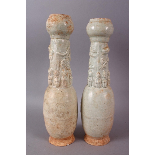 155 - A PAIR OF POSSIBLY HAN DYNASTY TALL 'SOUL' VASES, with bulbous rim, the neck moulded with figures, d... 