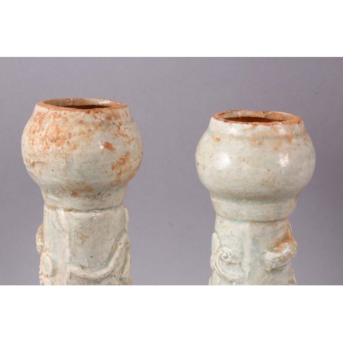 155 - A PAIR OF POSSIBLY HAN DYNASTY TALL 'SOUL' VASES, with bulbous rim, the neck moulded with figures, d... 