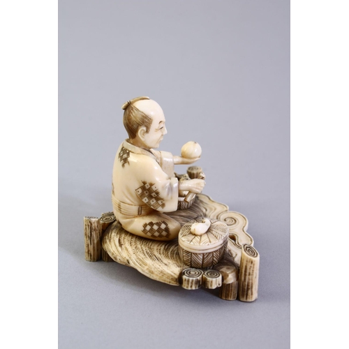 156 - A GOOD JAPANESE MEIJI PERIOD CARVED IVORY OKIMONO, the okimono carved to depict a seated fruit selle... 