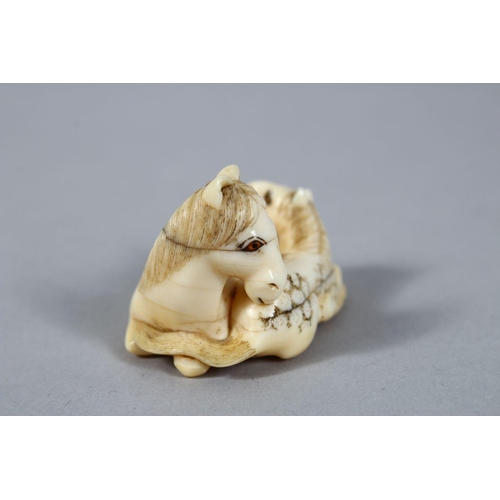 157 - A GOOD JAPANESE MEIJI PERIOD CARVED IVORY NETSUKE OF A RECUMBENT HORSE, to horses in a recumbent pos... 