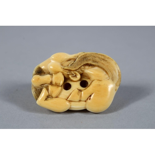 157 - A GOOD JAPANESE MEIJI PERIOD CARVED IVORY NETSUKE OF A RECUMBENT HORSE, to horses in a recumbent pos... 