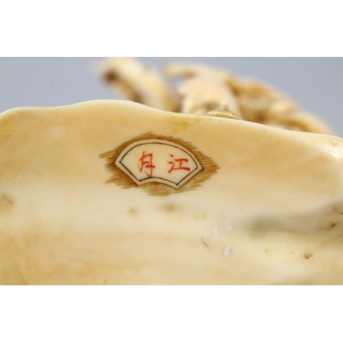 158 - A GOOD JAPANESE MEIJI PERIOD CARVED IVORY OKIMONO OF A FISHERMAN & CRABS, the fisherman stood aside ... 