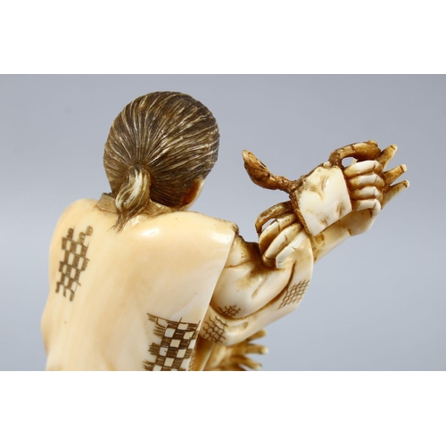 158 - A GOOD JAPANESE MEIJI PERIOD CARVED IVORY OKIMONO OF A FISHERMAN & CRABS, the fisherman stood aside ... 