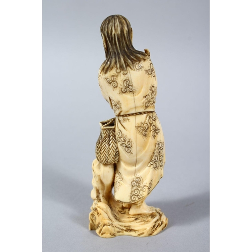 159 - A GOOD JAPPANESE MEIJI PERIOD CARVED IVORY OKIMONO - WAYFAIRER, the man stood leaning upon a stylize... 