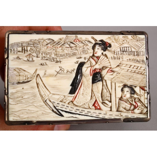 161 - A GOOD JAPANESE MEIJI PERIOD CARVED IVORY KODANSU, the cabinet carved to each side with scenes of fi... 