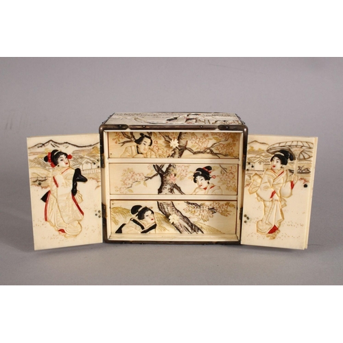 161 - A GOOD JAPANESE MEIJI PERIOD CARVED IVORY KODANSU, the cabinet carved to each side with scenes of fi... 