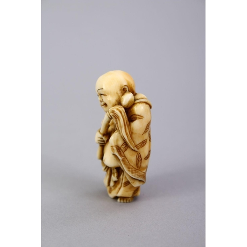 164 - A JAPANESE MEIJI PERIOD CARVED IVORY OKIMONO OF HOTEI, the small carved figure depicting hotei holdi... 