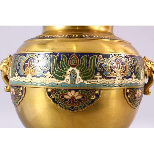 165 - A LARGE CHINESE BRONZE & CLOISONNE TRIPOD KORO & COVER, with a central band of cloisonne, twin lion ... 