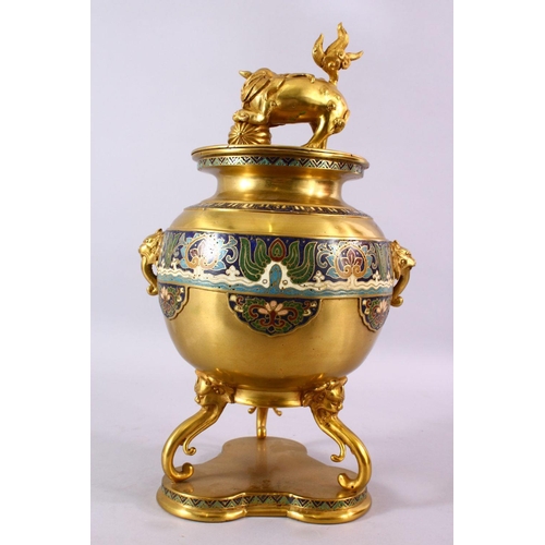 165 - A LARGE CHINESE BRONZE & CLOISONNE TRIPOD KORO & COVER, with a central band of cloisonne, twin lion ... 